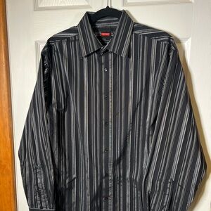 Report Signature Black Dress Shirt with Silver Stripes